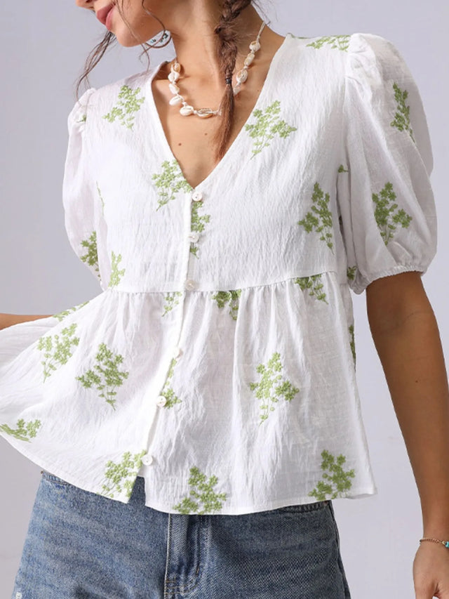 Embroidered V-Neck Puff Sleeve Peplum Blouse.