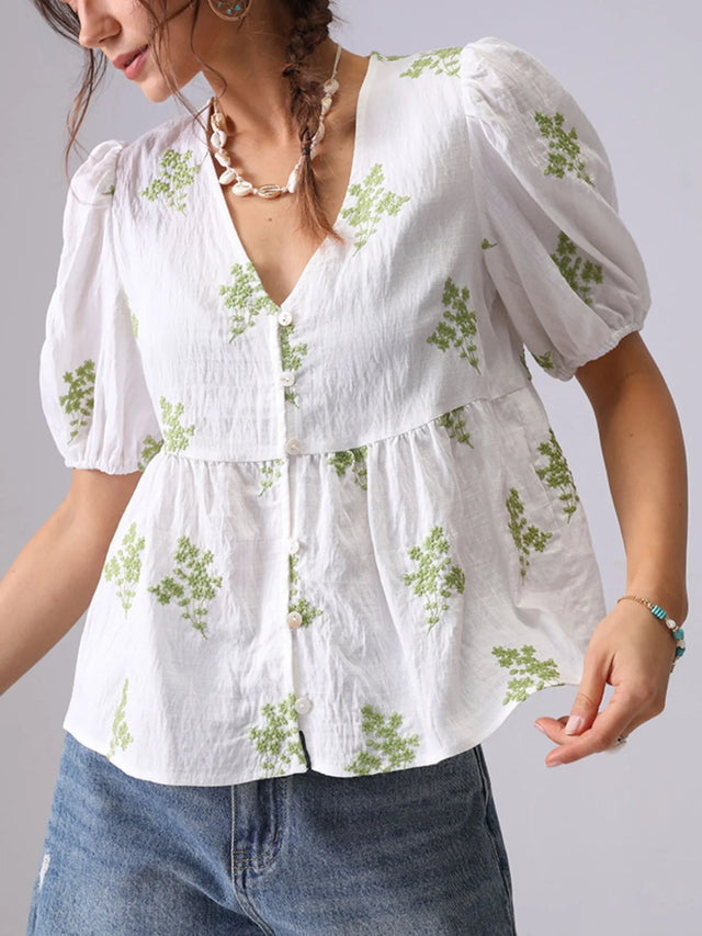 Embroidered V-Neck Puff Sleeve Peplum Blouse.