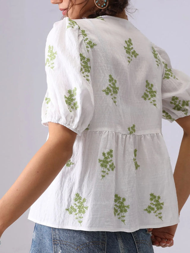 Embroidered V-Neck Puff Sleeve Peplum Blouse.