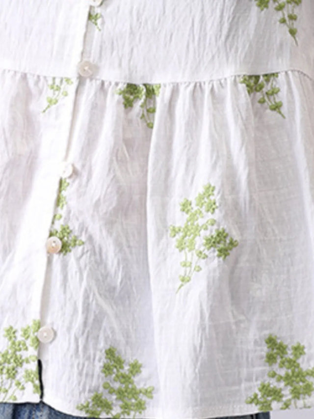 Embroidered V-Neck Puff Sleeve Peplum Blouse.