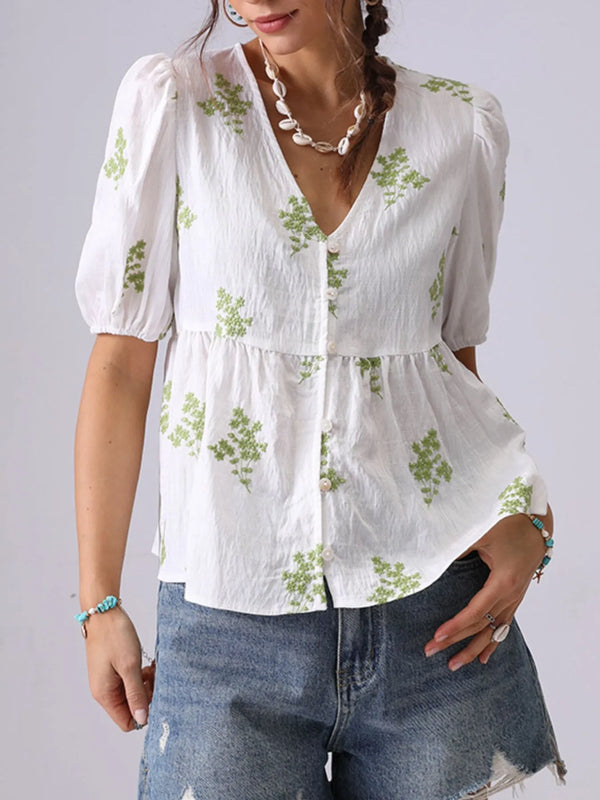Embroidered V-Neck Puff Sleeve Peplum Blouse.