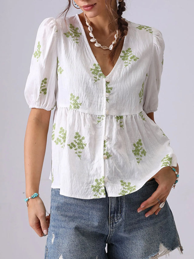 Embroidered V-Neck Puff Sleeve Peplum Blouse.