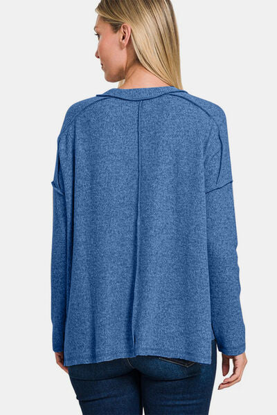 Zenana full size exposed seam brushed round neck sweater.