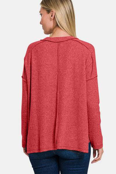 Zenana full size exposed seam brushed round neck sweater.