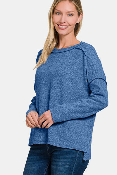 Zenana full size exposed seam brushed round neck sweater.