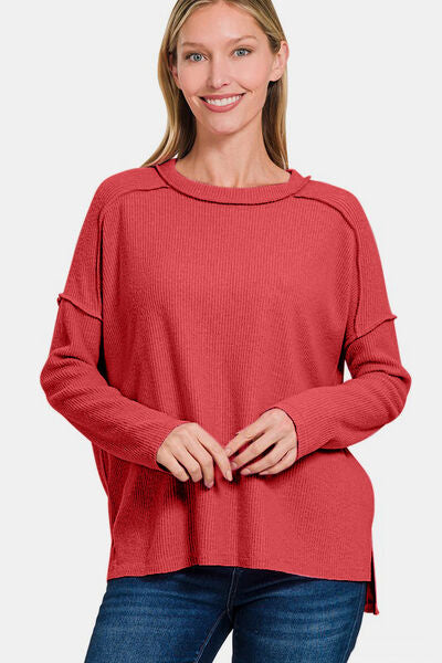Zenana full size exposed seam brushed round neck sweater.