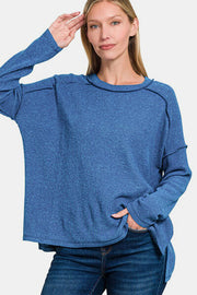 Zenana full size exposed seam brushed round neck sweater.
