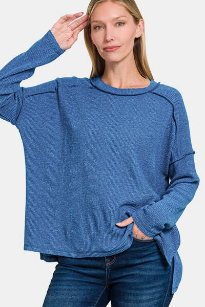 Zenana full size exposed seam brushed round neck sweater.