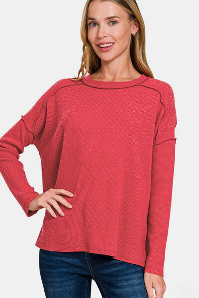 Zenana full size exposed seam brushed round neck sweater.