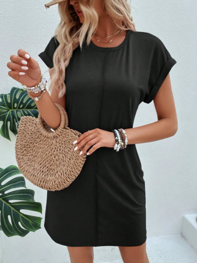 Exposed Seam Short Sleeve Mini Tee Dress.