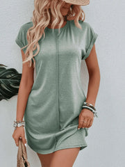 Exposed Seam Short Sleeve Mini Tee Dress.