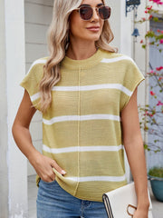 Exposed seam striped round neck knit top.
