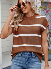 Exposed seam contrast striped round neck knit top.