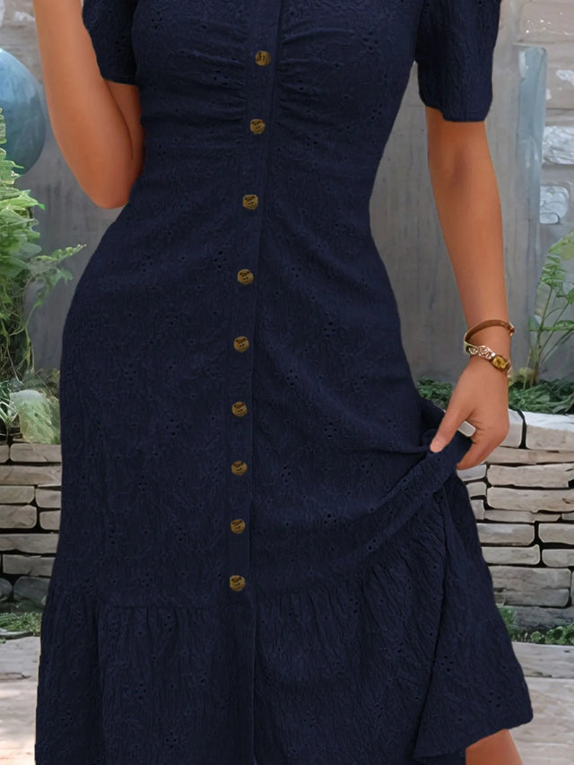 Eyelet Button Front V-Neck Midi Dress with Ruffled Puff Sleeves.