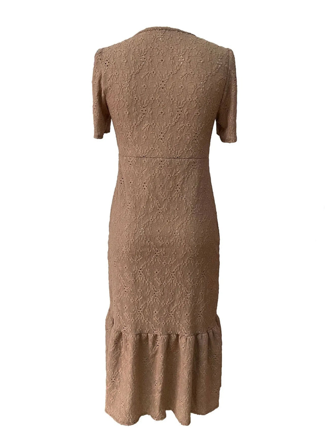 Eyelet Button Front V-Neck Midi Dress with Ruffled Puff Sleeves.