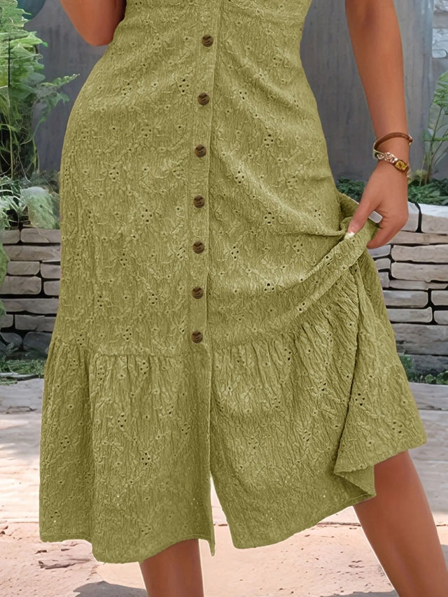 Eyelet Button Front V-Neck Midi Dress with Ruffled Puff Sleeves.