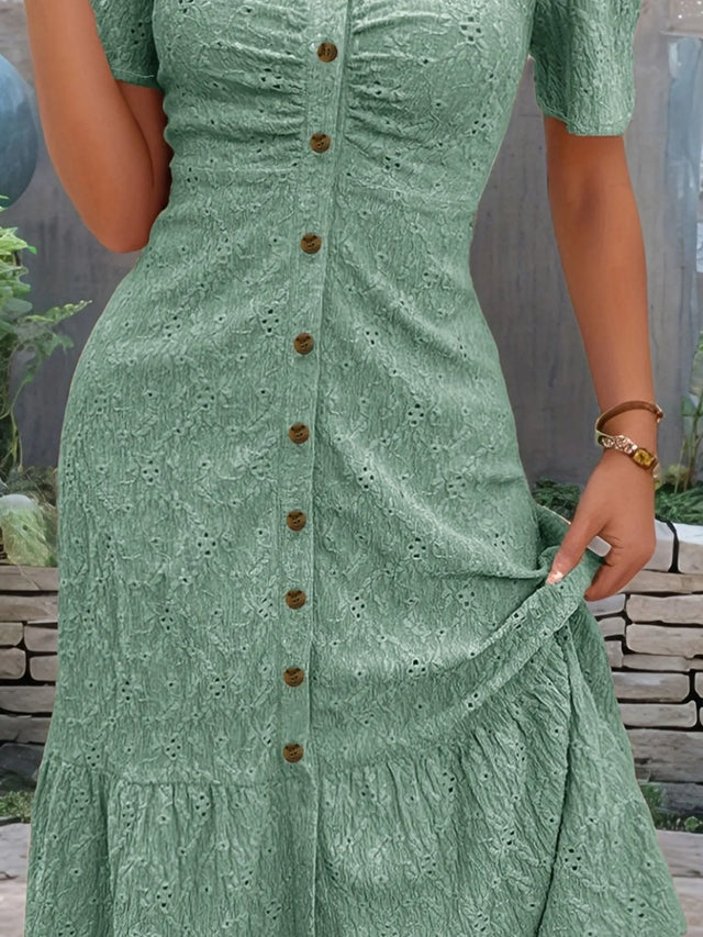 Eyelet Button Front V-Neck Midi Dress with Ruffled Puff Sleeves.