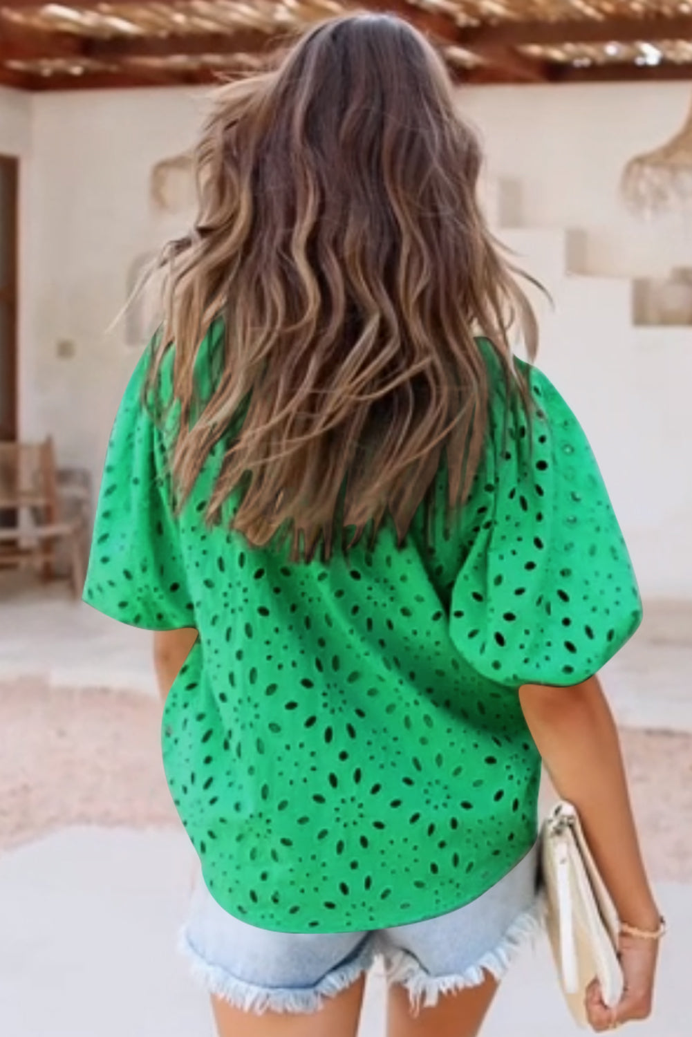 Eyelet button-up half sleeve blouse.