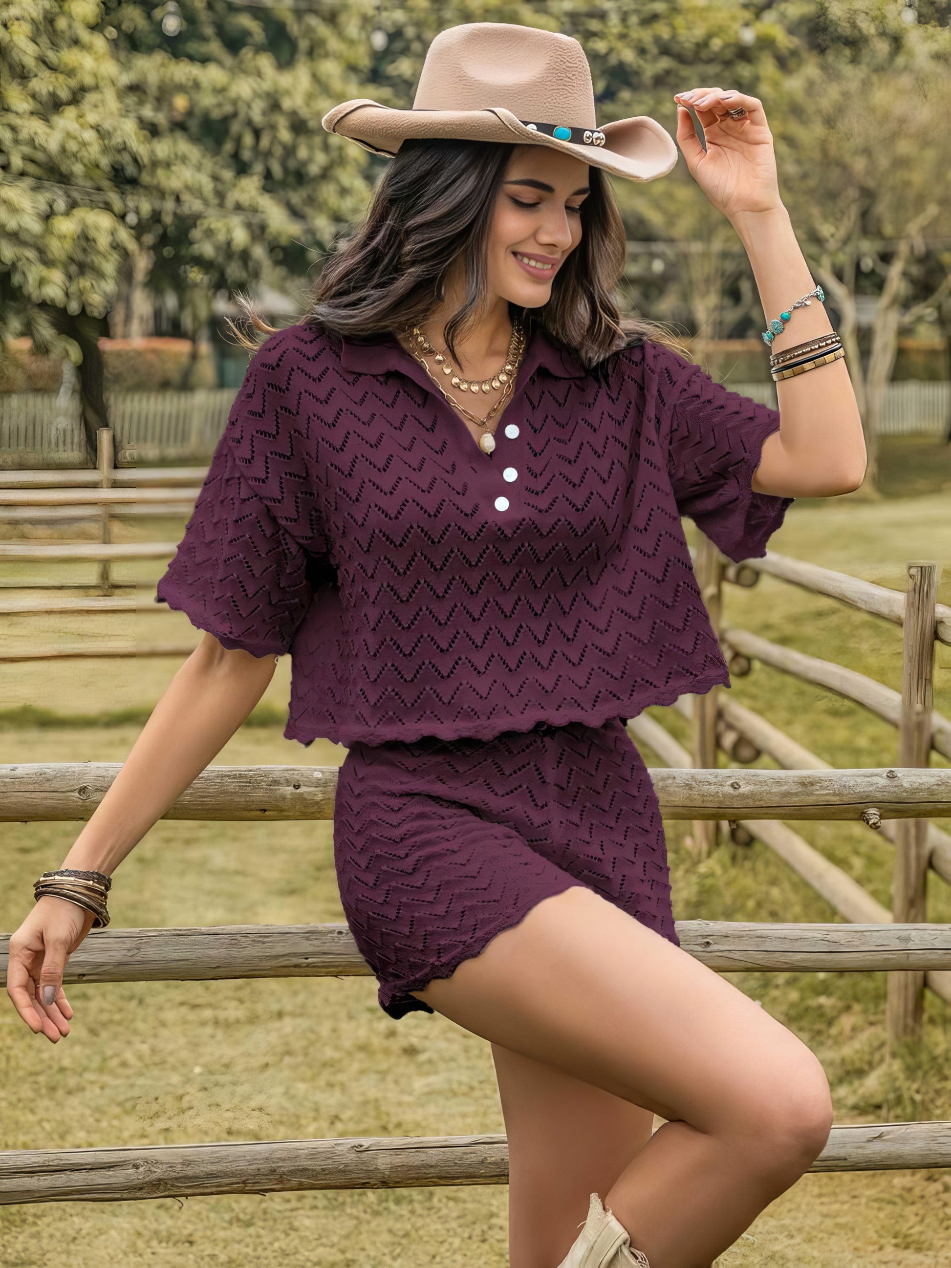 Women's eyelet collared neck short sleeve top and shorts set