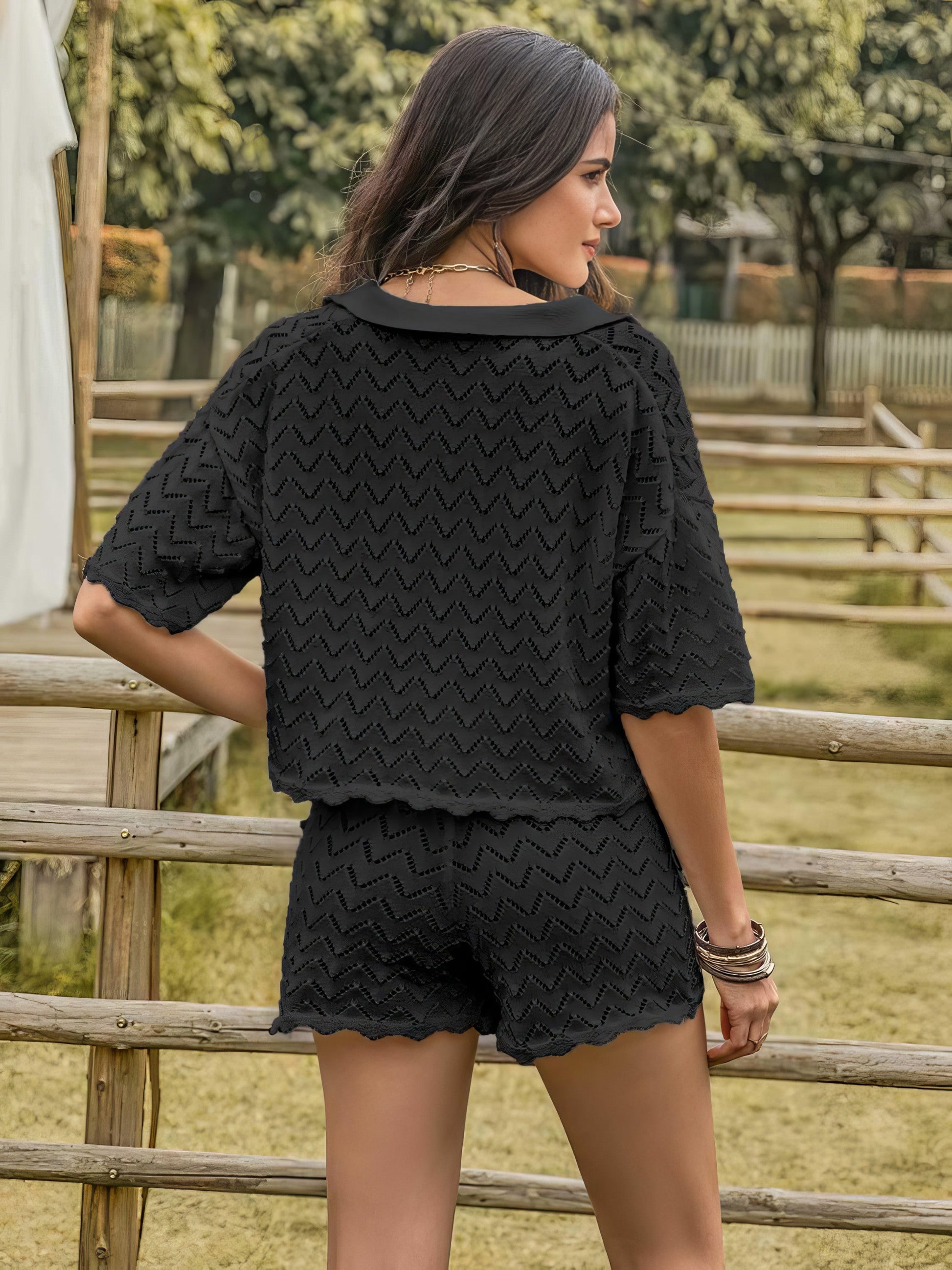 Women's eyelet collared neck short sleeve top and shorts set