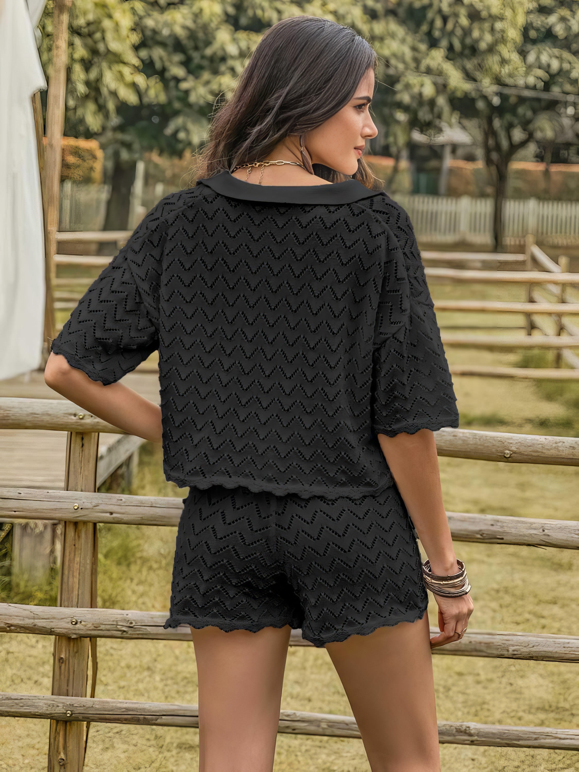 Women's eyelet collared neck short sleeve top and shorts set