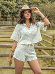 Women's eyelet collared neck short sleeve top and shorts set