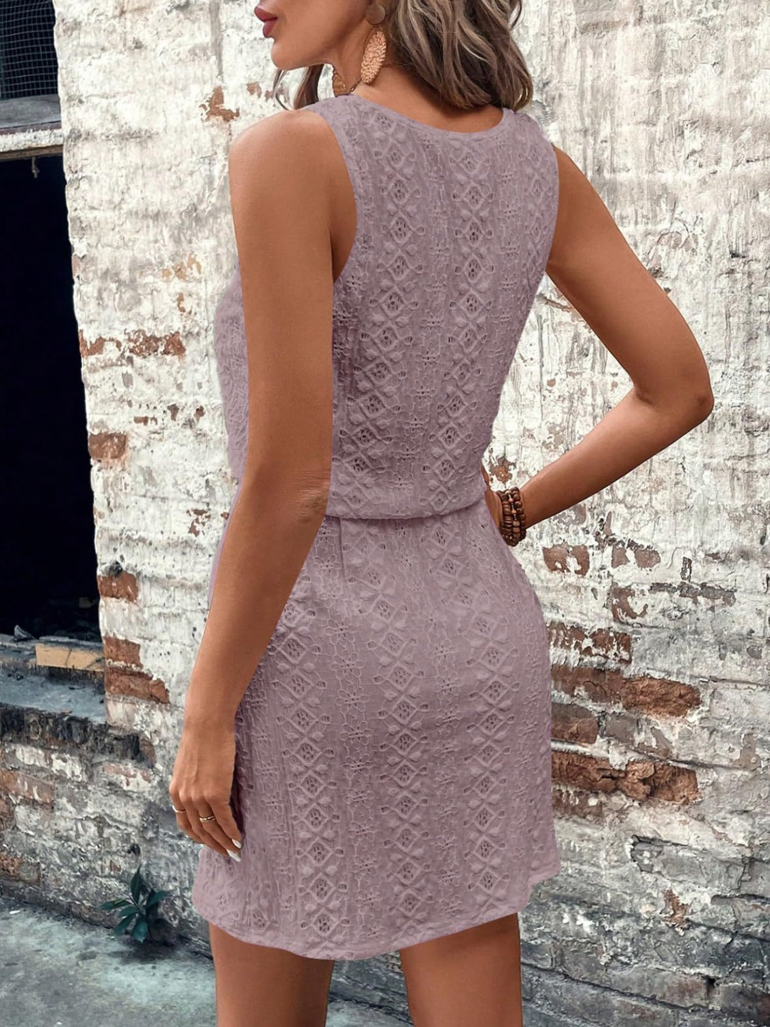 Eyelet Drawstring Round Neck Sleeveless Dress.