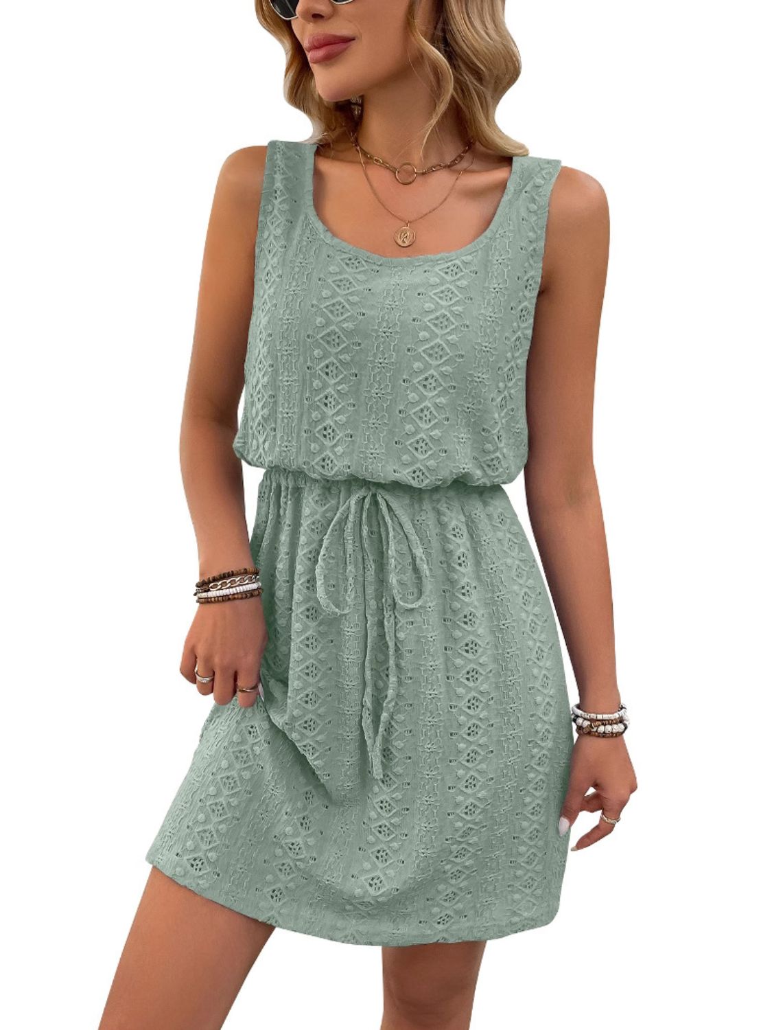 Eyelet Drawstring Round Neck Sleeveless Dress.