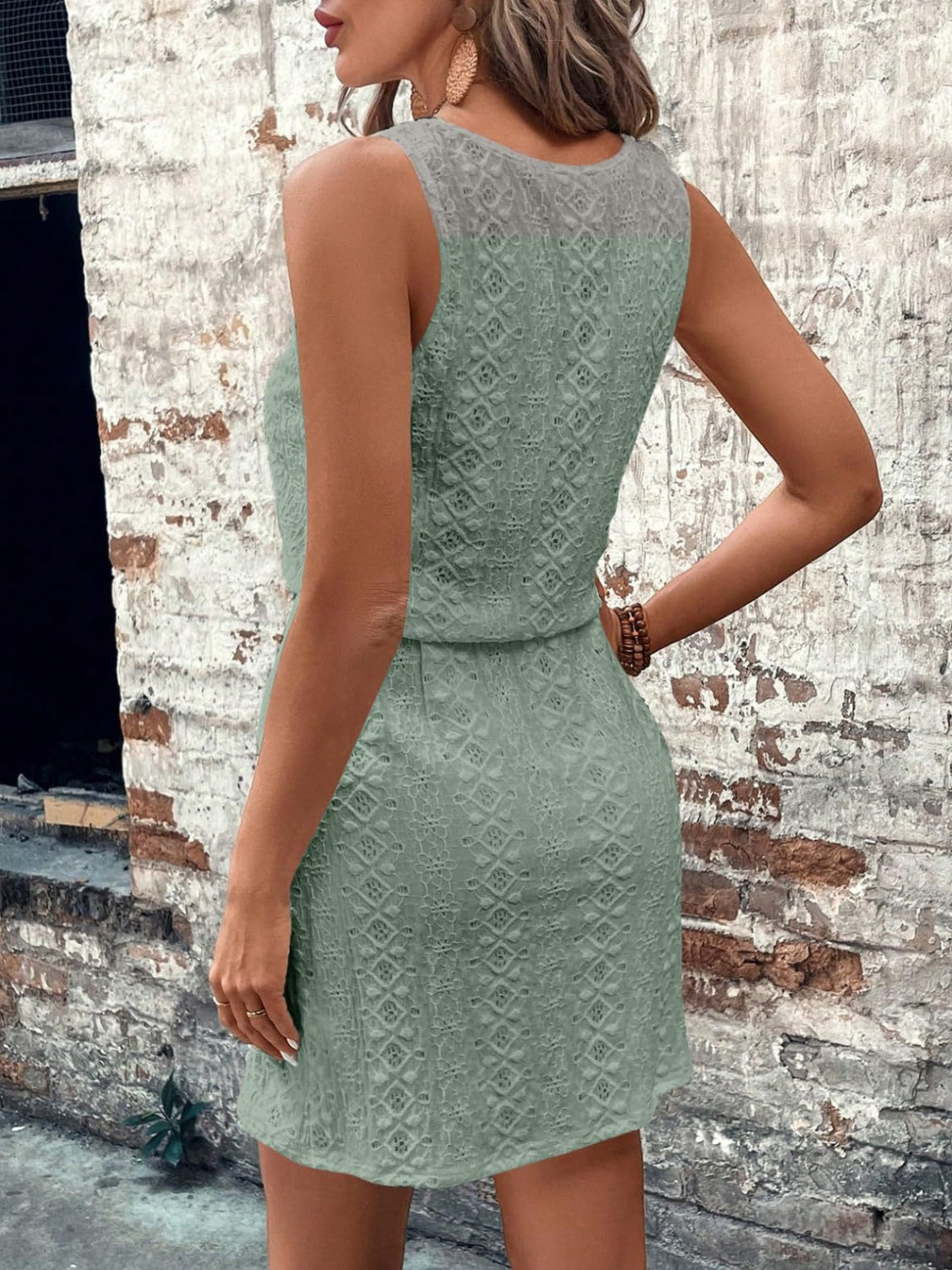 Eyelet Drawstring Round Neck Sleeveless Dress.