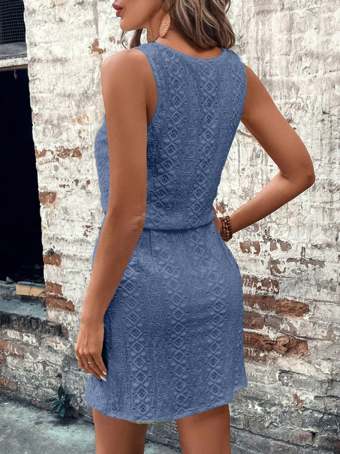 Eyelet Drawstring Round Neck Sleeveless Dress.