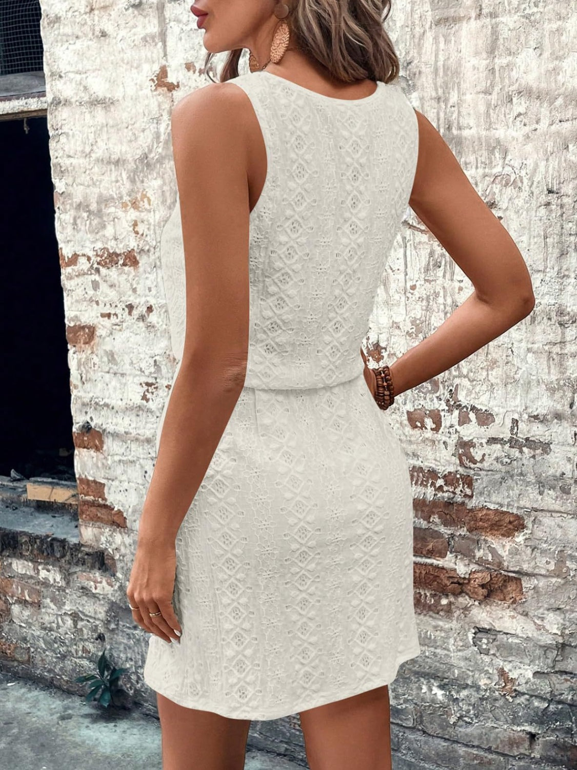 Eyelet Drawstring Round Neck Sleeveless Dress.