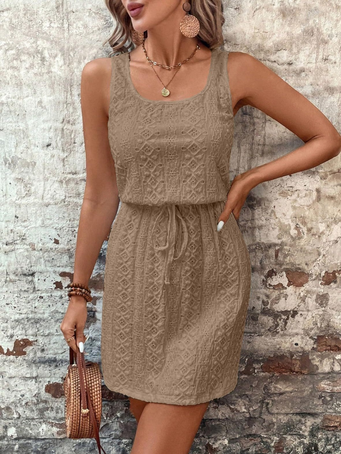 Eyelet Drawstring Round Neck Sleeveless Dress.