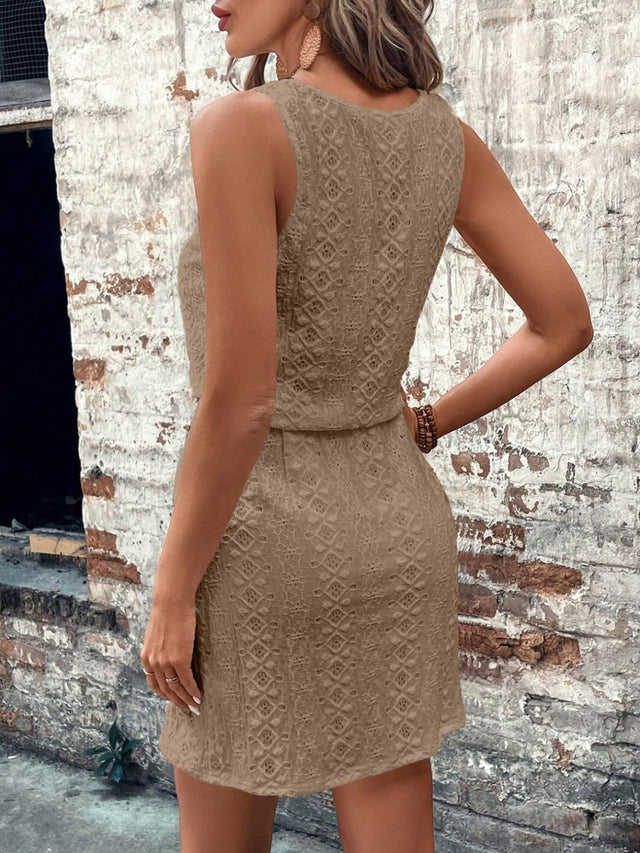 Eyelet Drawstring Round Neck Sleeveless Dress.