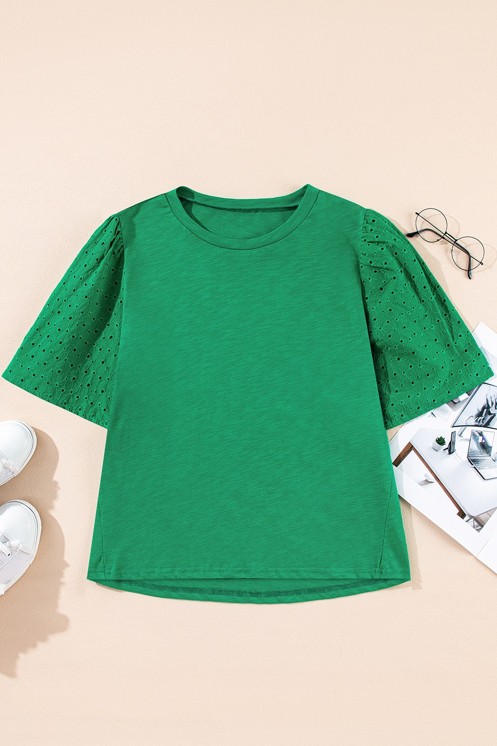 Eyelet embroidered patchwork top.