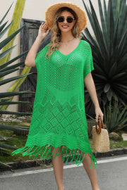 Eyelet Fringe Hem Longline Knit Cover Up.