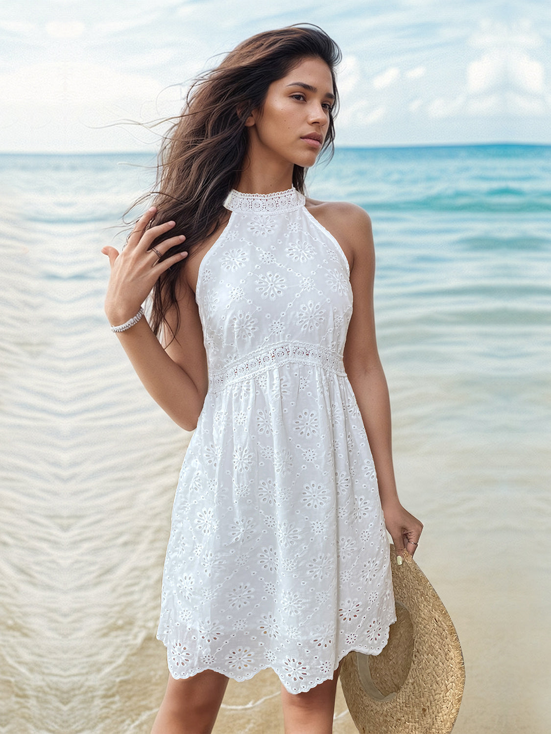 Perfee Eyelet Grecian Neck Mini Dress.