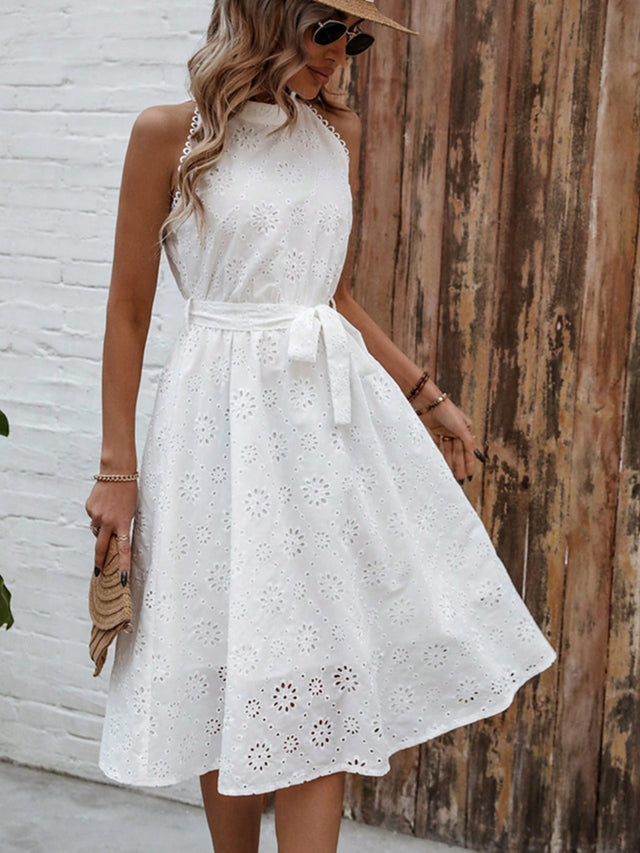 Eyelet Grecian Neck Tie Waist Midi Dress.
