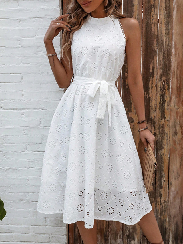 Eyelet Grecian Neck Tie Waist Midi Dress.