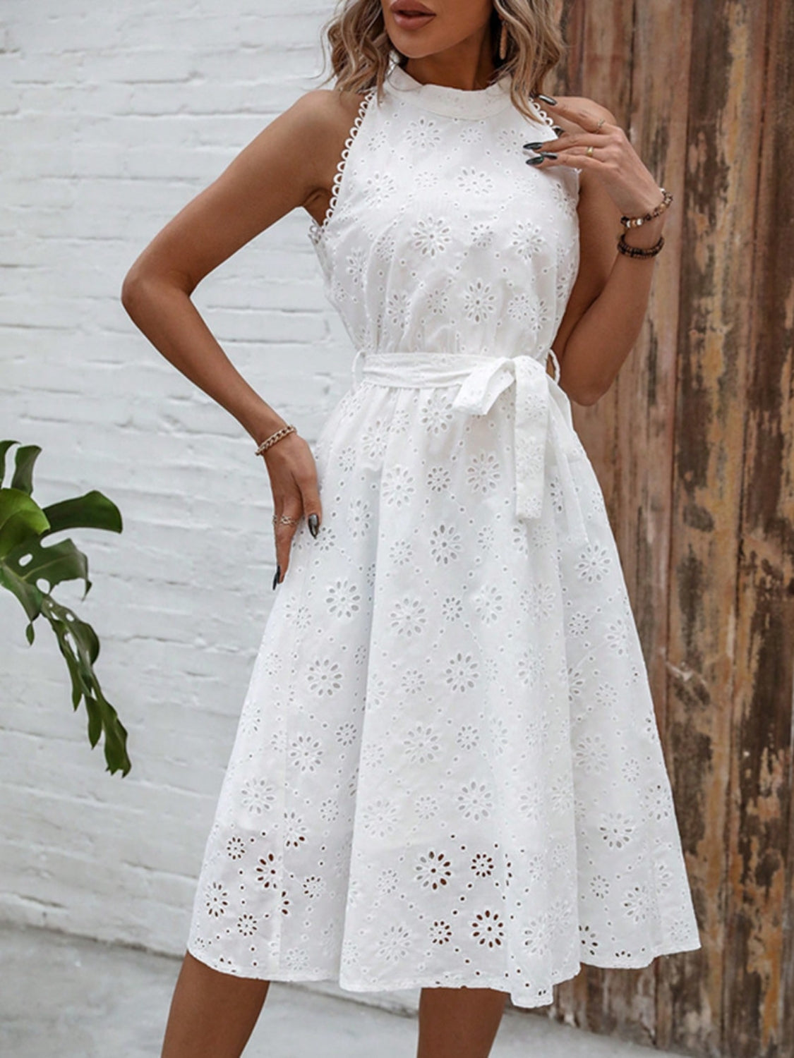 Eyelet Grecian Neck Tie Waist Midi Dress.