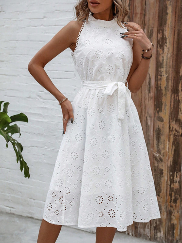 Eyelet Grecian Neck Tie Waist Midi Dress.