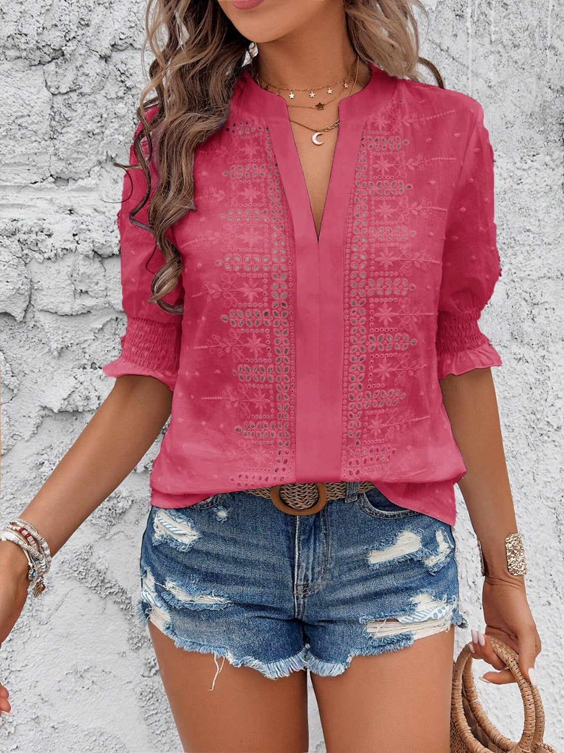 Eyelet notched flounce sleeve blouse.