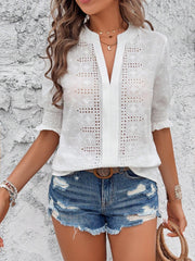 Eyelet notched flounce sleeve blouse.