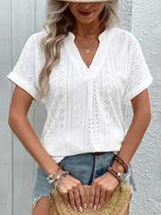 Perfee eyelet notched short sleeve blouse.