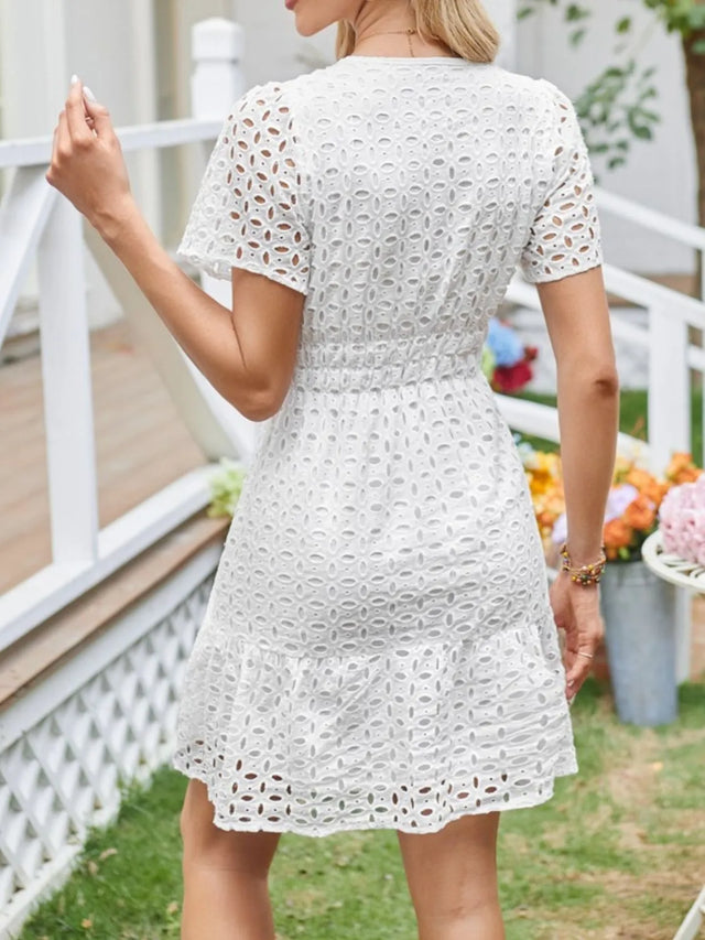 Eyelet Notched Short Sleeve Dress.