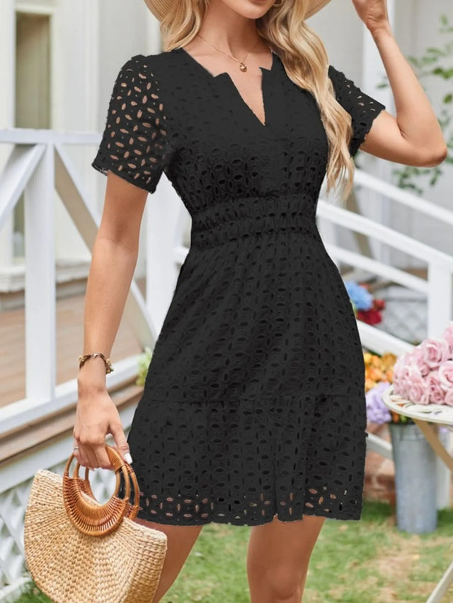 Eyelet Notched Short Sleeve Dress.