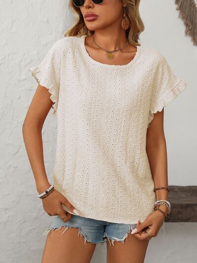 Mandy eyelet round neck short sleeve top with frill.