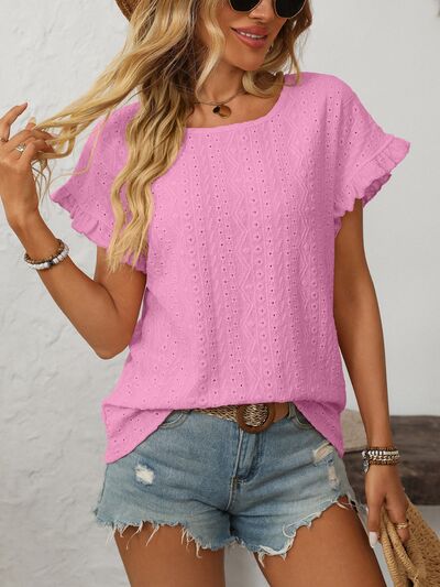 Mandy eyelet round neck short sleeve top with frill.