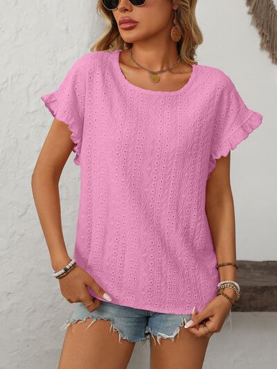 Mandy eyelet round neck short sleeve top with frill.
