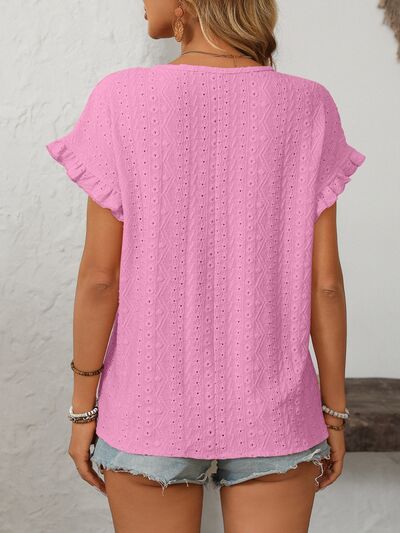 Mandy eyelet round neck short sleeve top with frill.