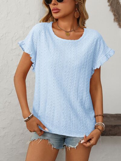 Mandy eyelet round neck short sleeve top with frill.